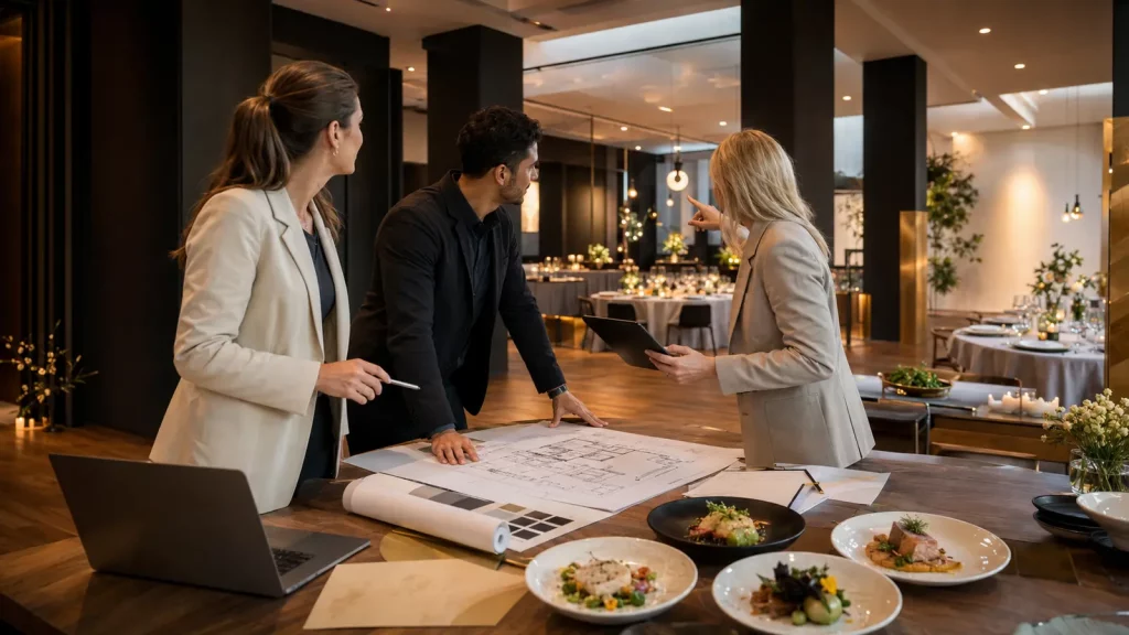 Projektteam plant ein Corporate Event mit Catering, Ablauf und Location