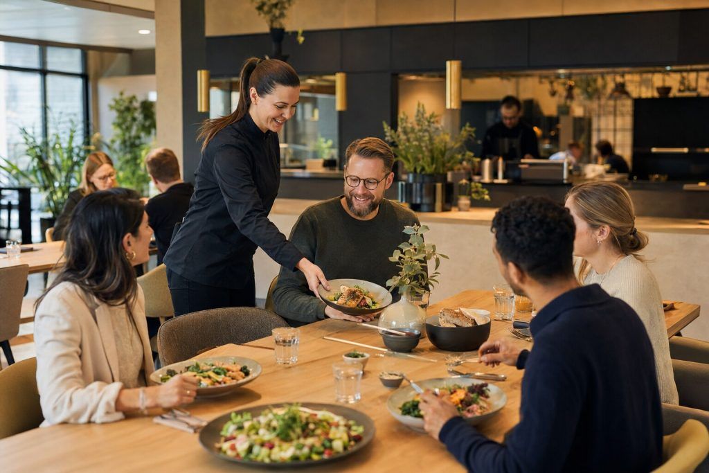 Mitarbeitende beim gemeinsamen Mittagessen in einer modernen Betriebsgastronomie