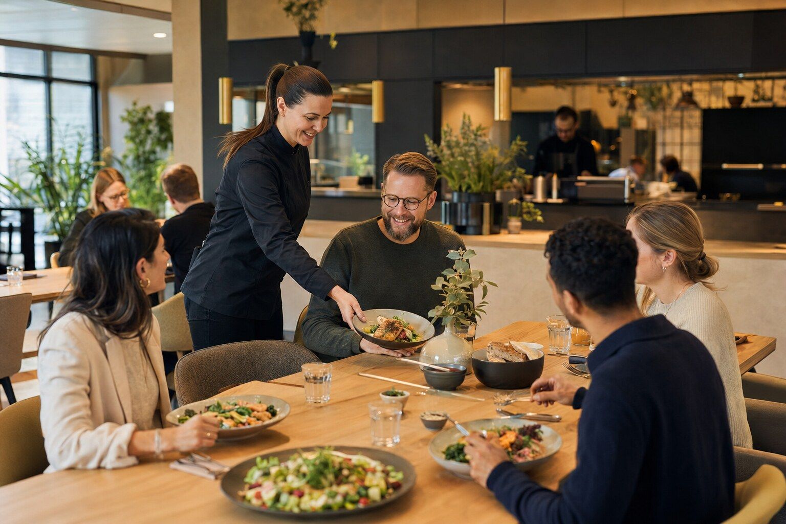Mitarbeitende beim gemeinsamen Mittagessen in einer modernen Betriebsgastronomie