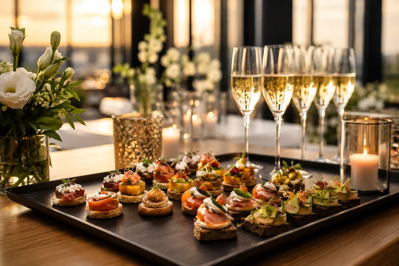 Canapés und Sektempfang bei einer modernen Hochzeitsfeier