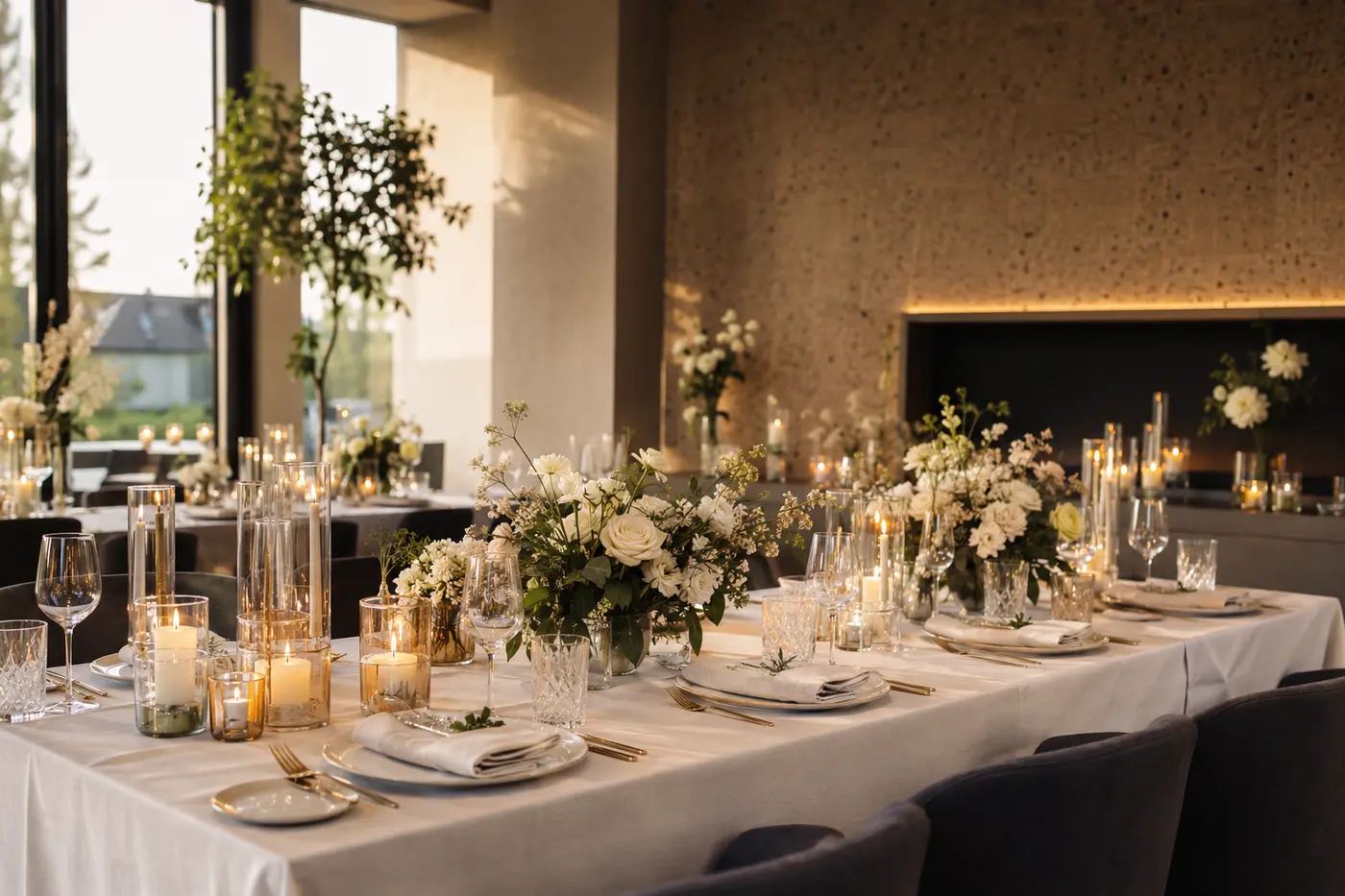 Elegant gedeckte Hochzeitstafel in einer modernen Eventlocation