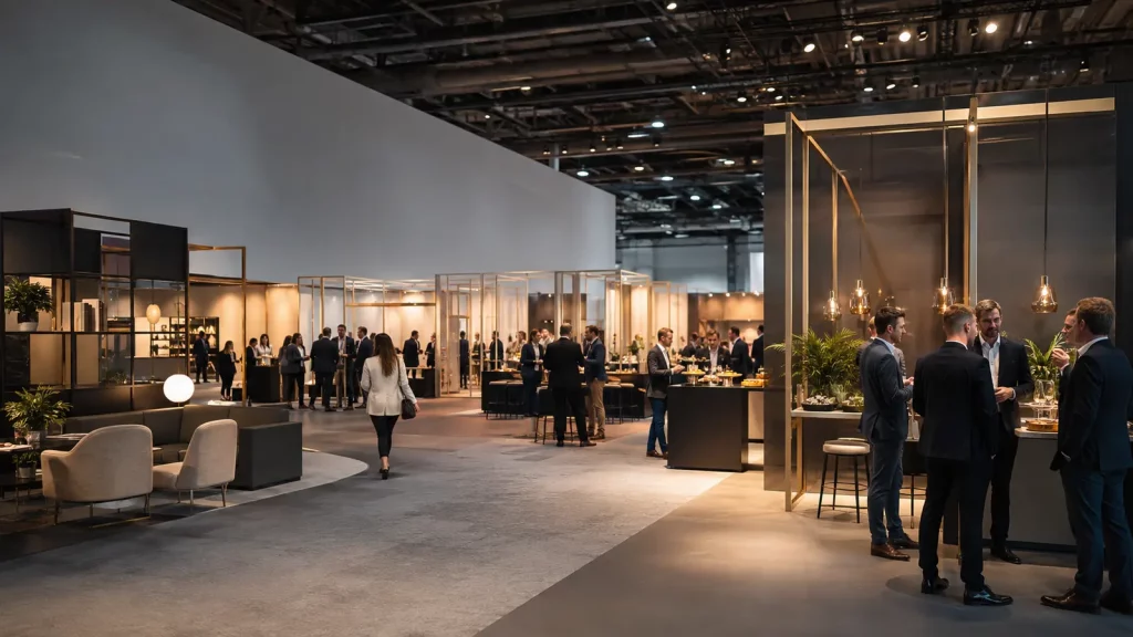 Moderne Messehalle mit modularen Markenflächen und Hospitality-Bereichen