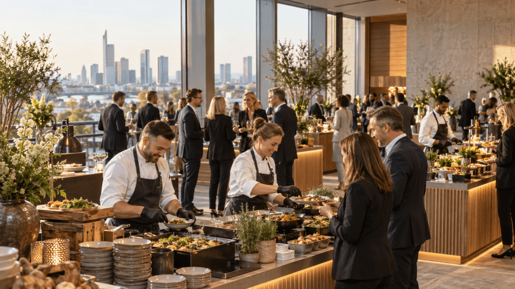 Professionelle Eventbewirtung mit mehreren Ausgabestationen und Gästen bei einer Unternehmensveranstaltung