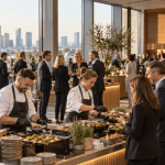 Professionelle Eventbewirtung mit mehreren Ausgabestationen und Gästen bei einer Unternehmensveranstaltung