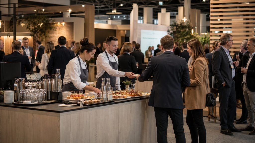 Besucher an einer funktionalen Hospitality-Station in einer Messehalle
