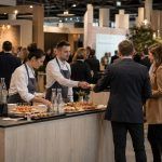 Besucher an einer funktionalen Hospitality-Station in einer Messehalle