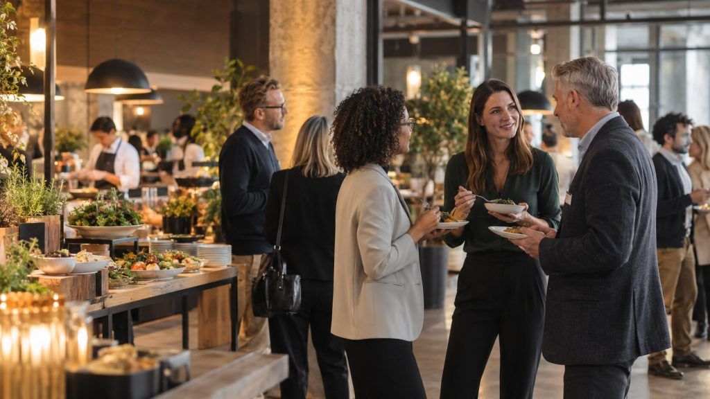 Mitarbeitende im Gespräch an einer Foodstation während eines Corporate Events